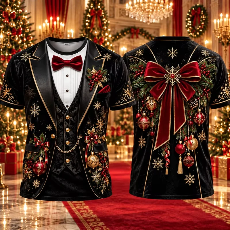 Winter Men's Stylish Faux-Suit Christmas T-Shirt With 3D Gold Embellishments Gift Box Print Short-Sleeve—Unique Outfit