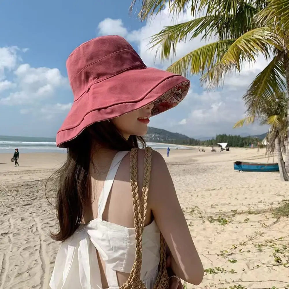 Fashion Double-Sided Printed Sun Hat UV Protection Large Brim Bucket Hat Breathable Sun Protection Beach Cap for Women