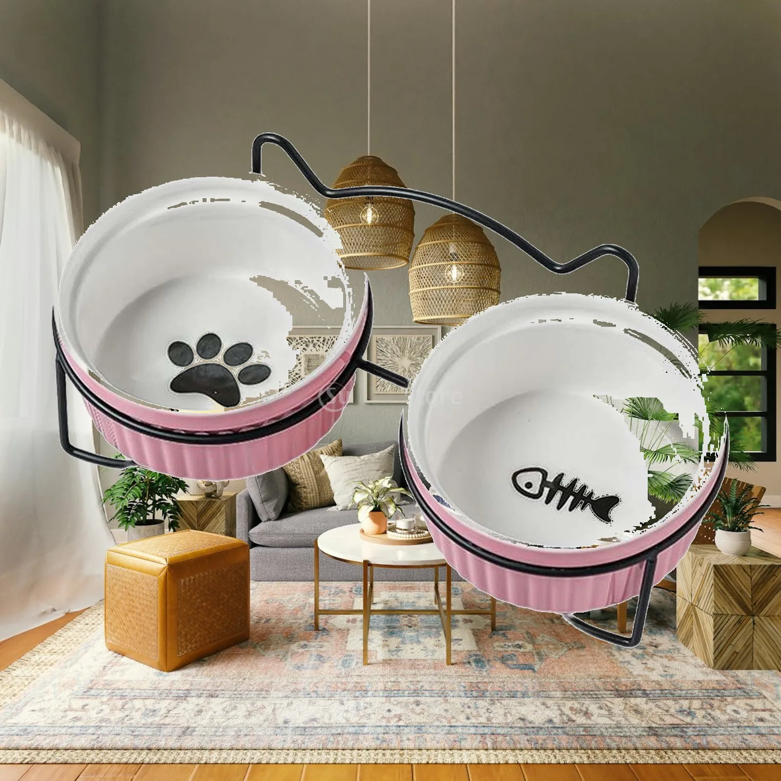 Raised Cat Bowl Anti Rust Pet Feeding Station Pet Slow Feeder with Stand Protect