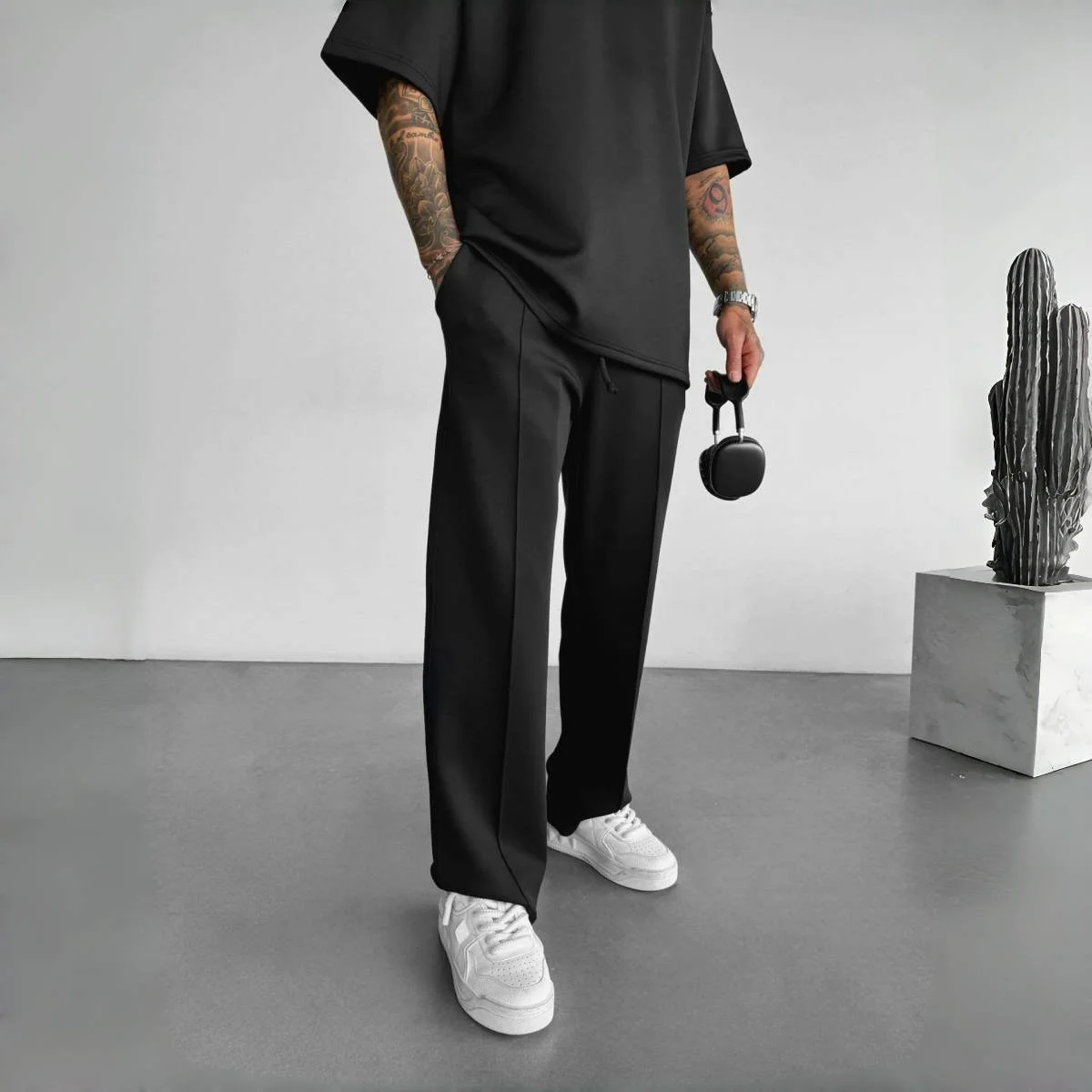 Suit Pants Men's Casual Pants Stylish Comfortable Elastic Waist Drawstring Single-line Pleated Solid Color Pocket Mops Pants