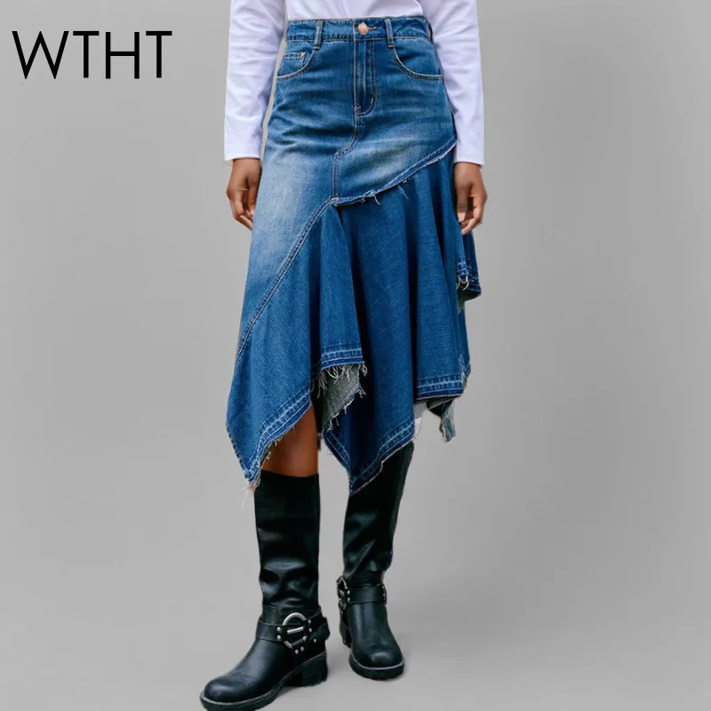 

WTHT New Trendy Women's Irregular Spliced Design Denim Long Skirts 2025 Summer Fashion High Waist A-line Skirt Female 1LS2098