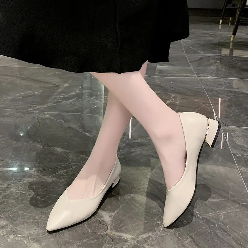 

Block Heel Single Shoes Women's Fashion Pointed Toe Shallow Mouth Slip-on Non-Slip Wear-Resistant Kitten