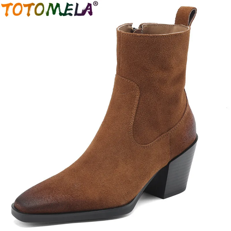 

TOTOMELA 2024 New Square Toe Female Zipper Ankle Boots Square High Heels Shoes Cow Suede Leather Autumn Boots For Women