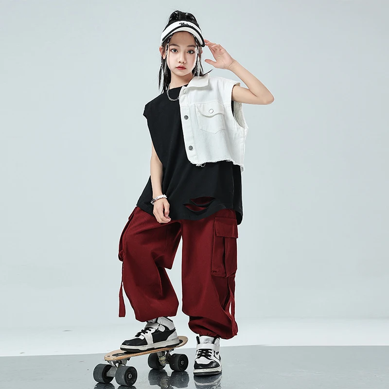 재즈 의상 소녀 성능 정장 여름 힙합 탑 셔플 바지 무대 착용 소년 스트리트 댄스 의류 멋진 streetwear 3481