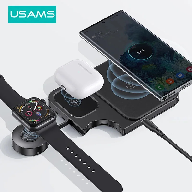 USAMS 3in1 Wireless Charger for iPhone 15 14 13 12 AirPods for Apple Watch 15W Fast Charging Pad for Xiaomi Samsung Earphones