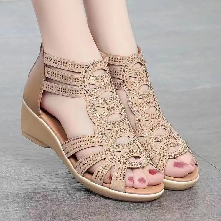 Womens Wedge Sandals Open Toe Gladiator Sandals Rhinestone Hollow Out Comfortable Casual Shoes for Daily Wear