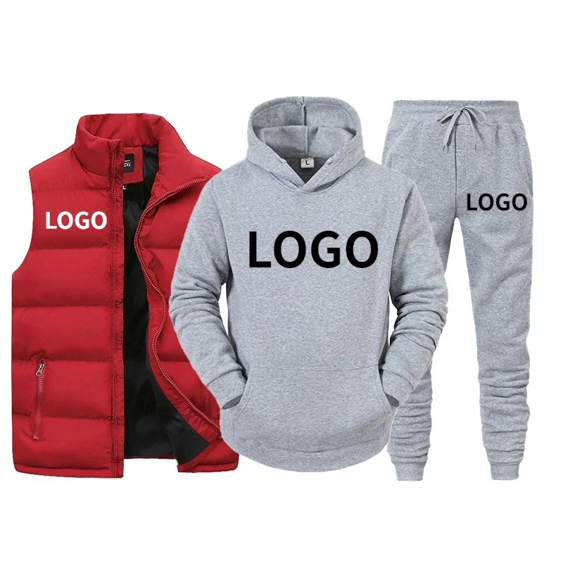 

Custom LOGO Men Tracksuit Brand Vest + Hooded Sweatshirt + Pants 3 Piece Set Spring Autumn Fashion Streetwear Male Sportswear