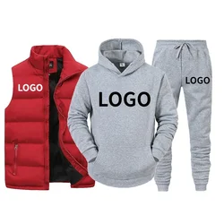 Custom LOGO Men Tracksuit Brand Vest + Hooded Sweatshirt + Pants 3 Piece Set Spring Autumn Fashion Streetwear Male Sportswear