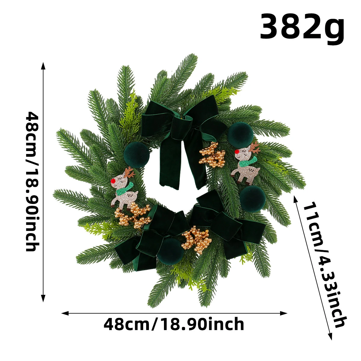 Artificial Christmas Wreath Garland Xmas Faux Cedar Pine Greenery Wreath with Velvet Bow Christmas Teardrop Swag Xmas Front Door