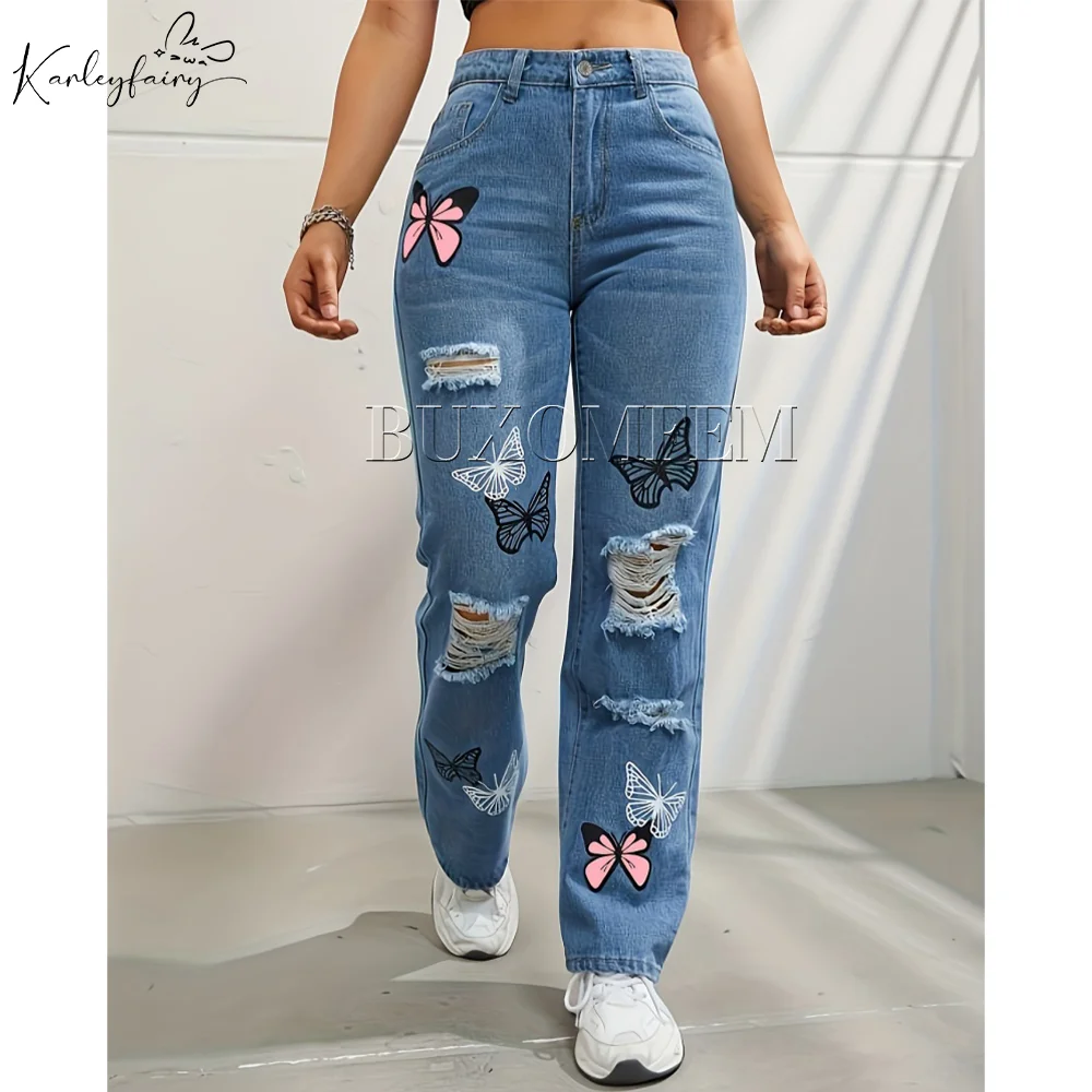 New High Waisted Contrasting Denim Pants for Women Vintage Stylish Full Length Straight Trousers Y2k Jeans with Broken-Holes