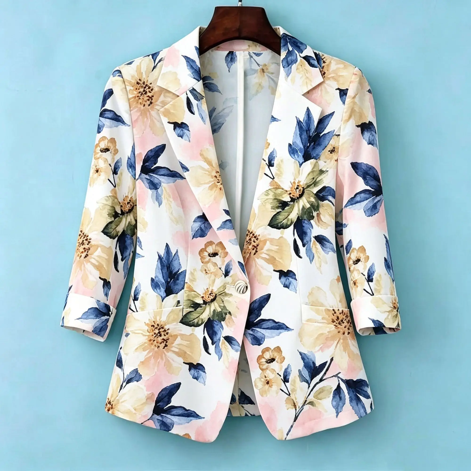 Chic Aesthetic Women Thin Floral Print Blazer Jacket Notched Lapel Single Button Flower 3/4 Sleeve Casual Office Outerwear Coat