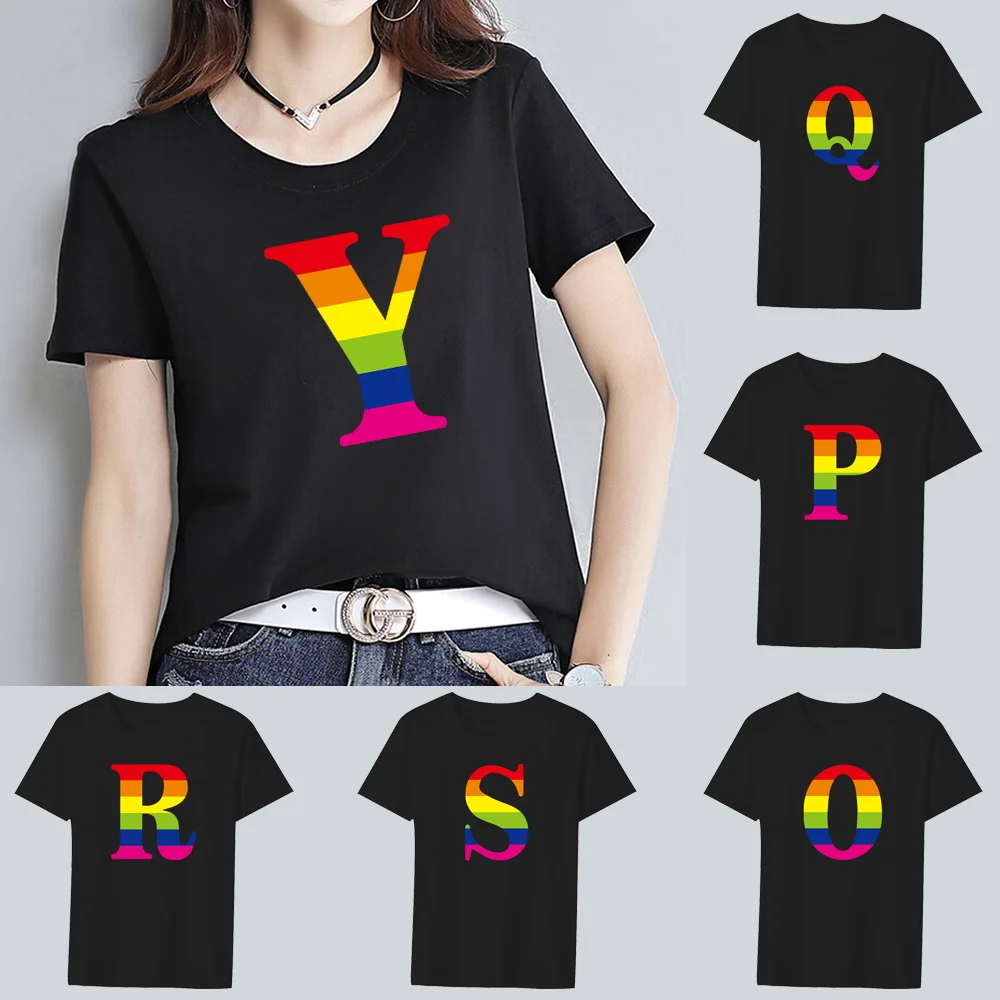 Women's Summer Black T-shirt Rainbow Letter Name Printing Series Casual Slim Top Commuter Fashion Harajuku Ladies Short Sleeve