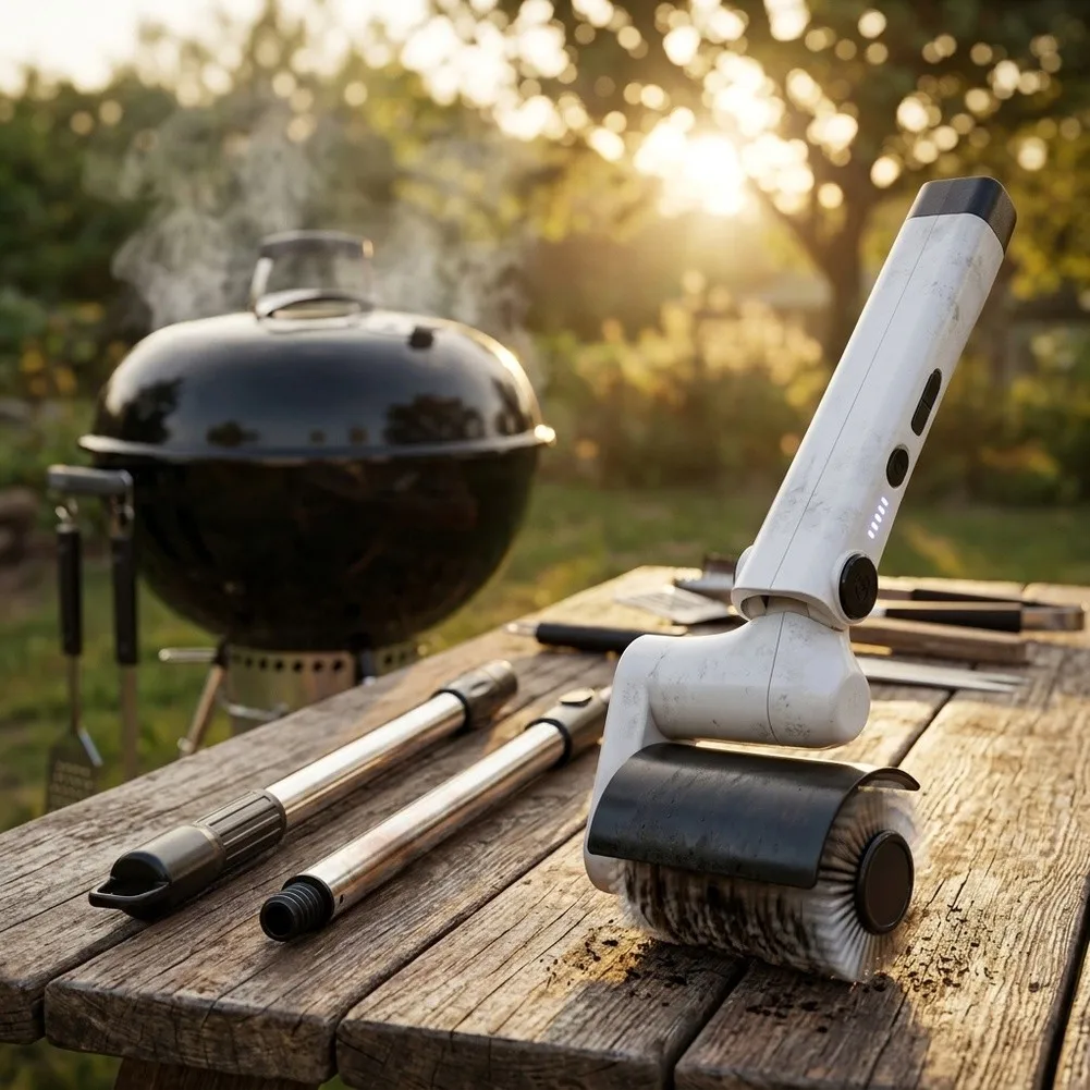Electric Cordless Grill Brush with 3 Detachable Rollers and Extendable Metal Pole for Frequent Grilling Season Use