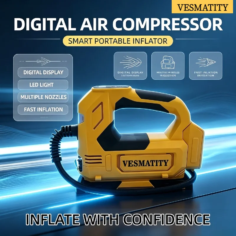 Electric Pump VESMATITY Cordless Car Tire Inflator Air Compressor Portable High Speed Professional Heavy Duty for 18-V Batteries