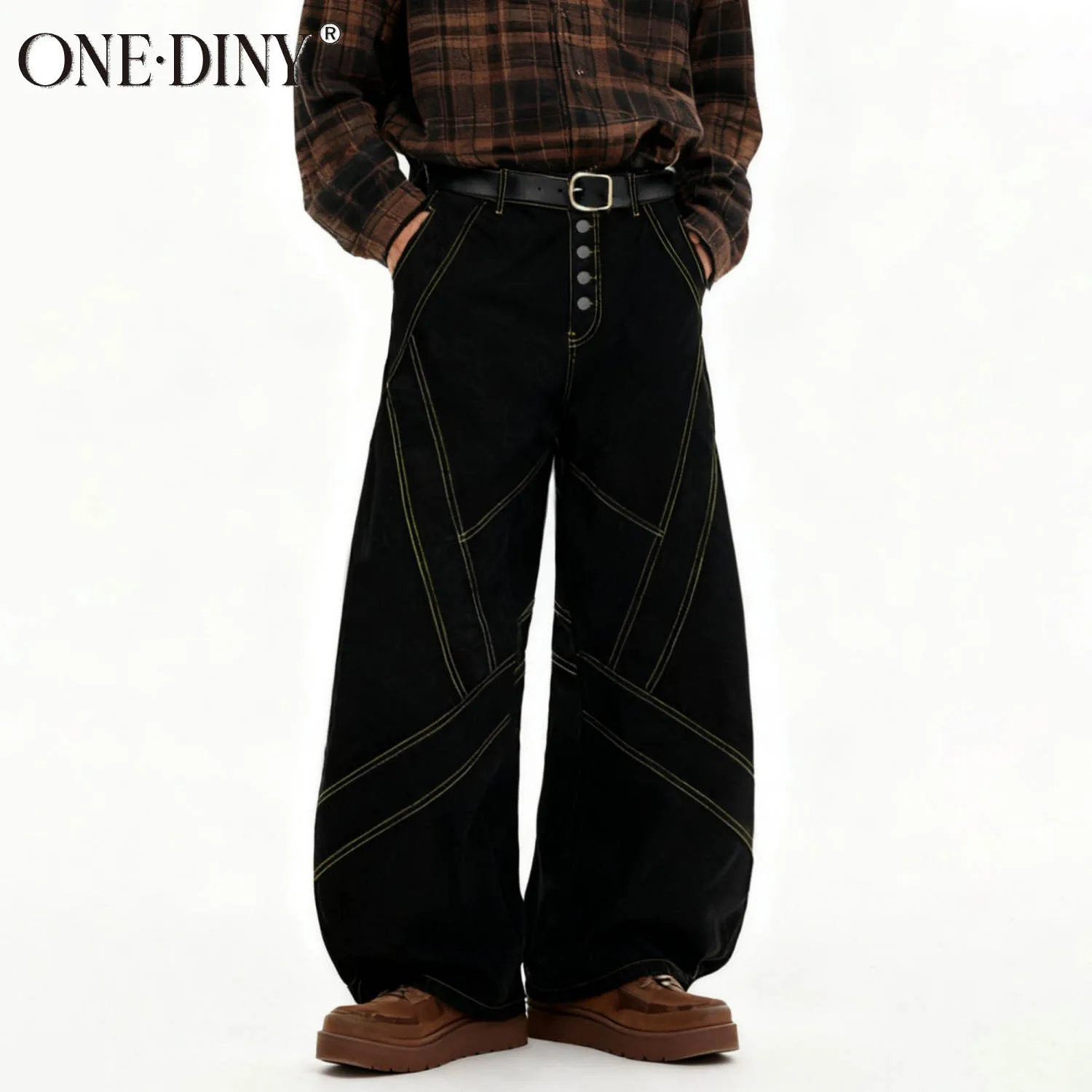 ONE·DINY Men's Black Retro Baggy Wide-Leg Jeans Street Gold Geometric Stitching Denim Pants Geometric Stitching Unisex Clothes