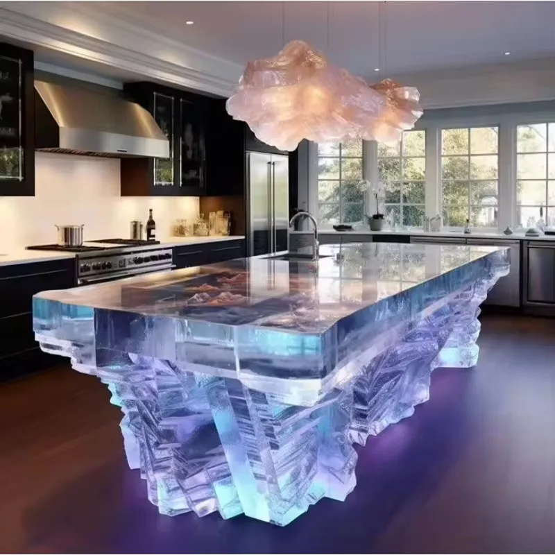 Light Luxury Luminous Integrated Kitchen Island Ice Cube Transparent Resin Hotel Club Villa Luxury Bar Table Furniture Decor