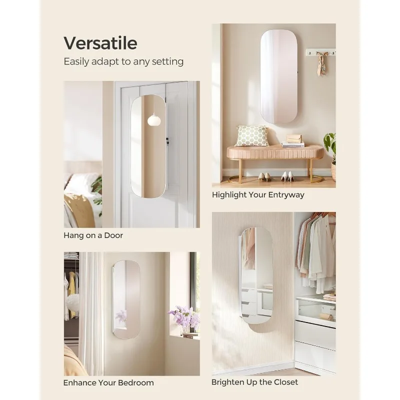 SONGMICS Jewelry Organizer, LED Jewelry Cabinet Wall/Door Mounted, Lockable Rounded Wide Mirror with Storage, Interior Mirror