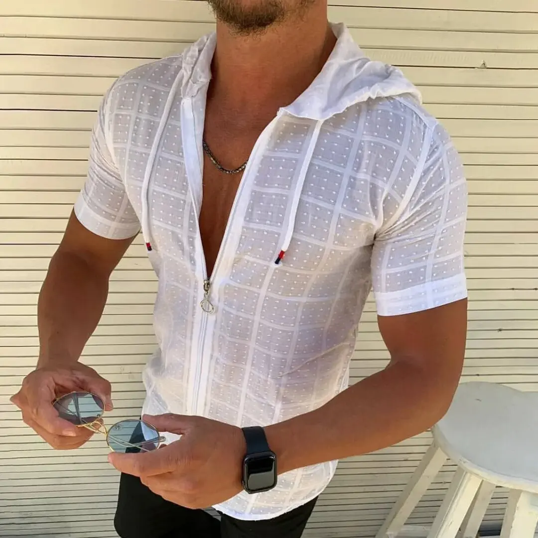 

Short sleeved hooded zippered cardigan T-shirt for men's summer new fashionable plaid sleeveless t-shirt for men's lapel top