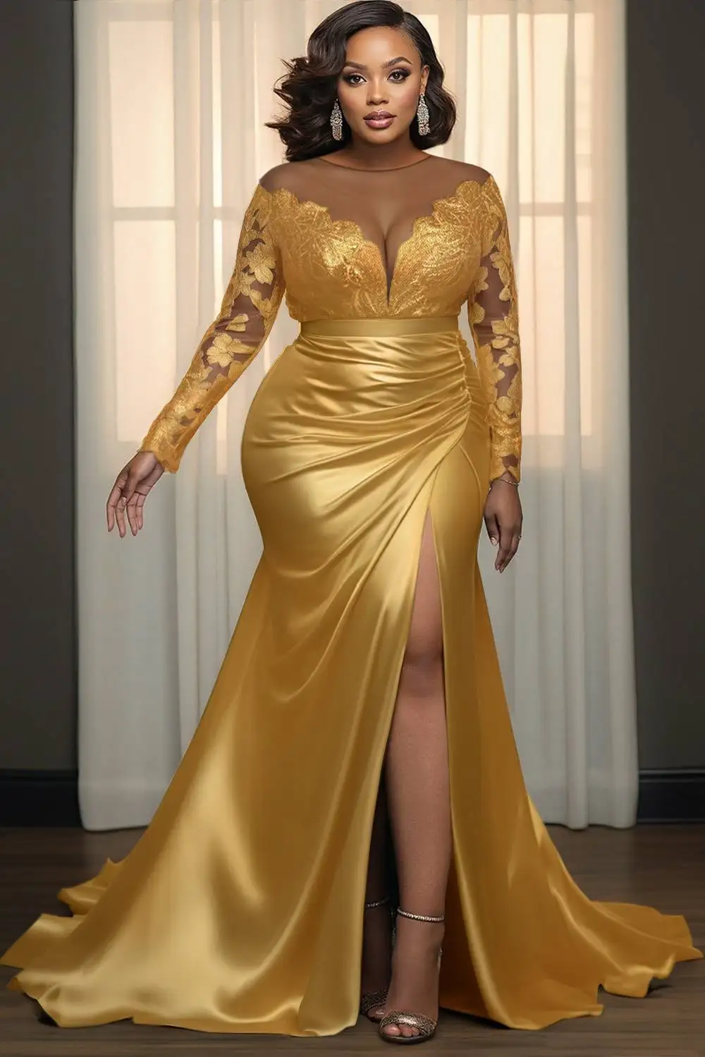 

Plus Size Formal Lace Gold Turndown Collar Long Sleeve Split Elegant See Through Satin Maxi Dresses