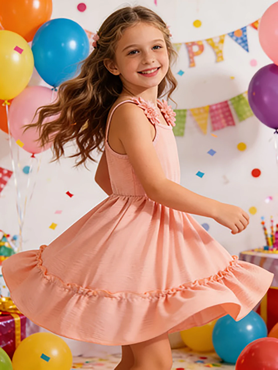 Girls' Orange-Pink 3D Floral Spaghetti Strap Princess Dress, Summer Ruffled A-Line Skirt