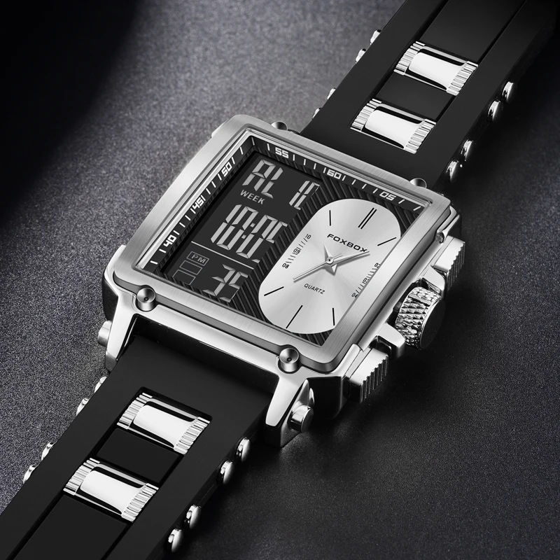 FOXBOX Sports Mens Watches Silicone Strap Dual Display Square Quartz Wristwatch LED Luminous Calendar Waterproof Watch Man Clock