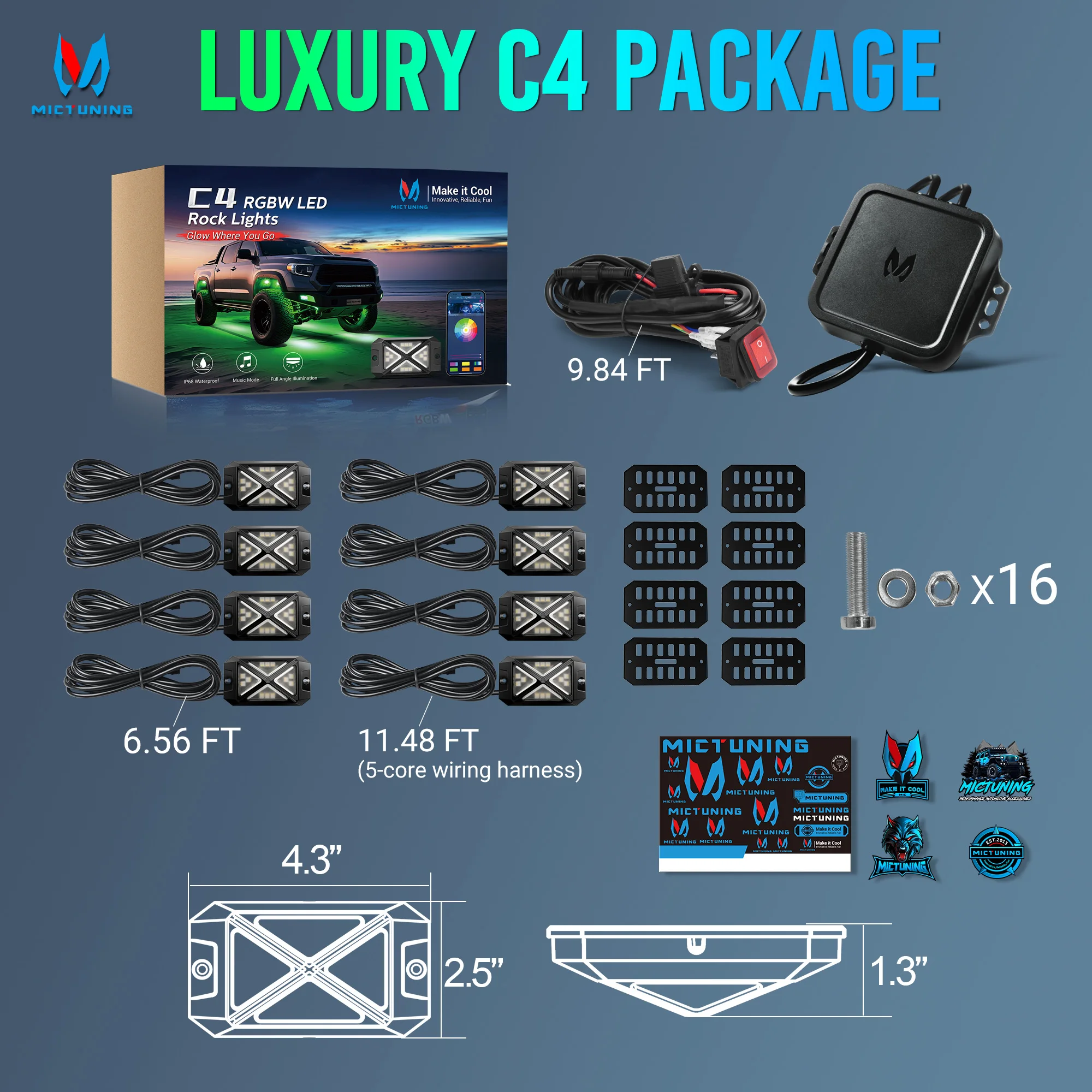MICTUNING C4 RGBW LED Rock Lights,8 Pods Underglow Neon Accent Lighting Kit,App Control Music Mode IP68 Waterproof for Car UTV