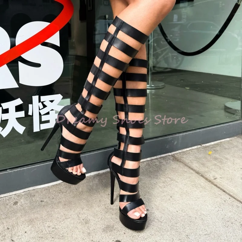 

Black Hollow Platform Stiletto Sandals Boots Women Narrow Band Back Zipper Knee High Boots Sexy Fashion Party Gladiator Boots
