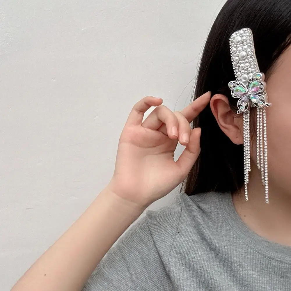 

Creative New Chinese Style Tassel Hair Clip Pearls Hair Wear Butterfly Bang Clip Head Wear Hair Clip Rhinestone Side Clip Girls