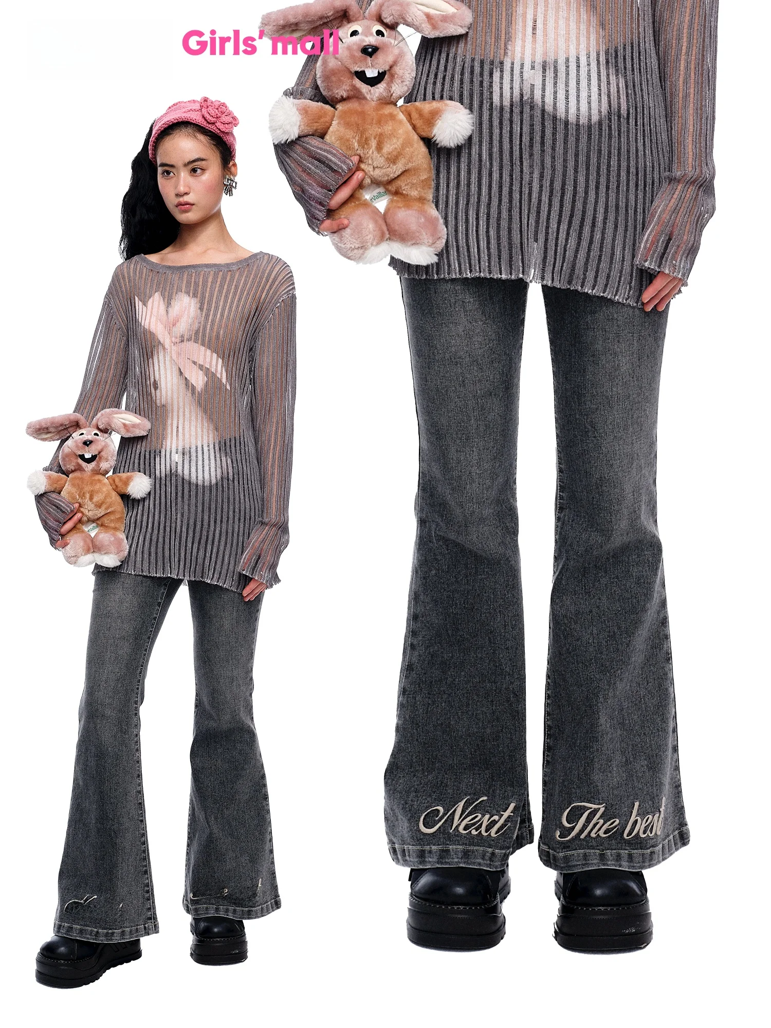 

Джинсы-клеш с вышивкой буквами MOF Girl, средняя посадка, эластичные, комфортные, для повседневной носки, осенний сезон