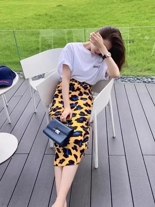 

Yellow Leopard Print Color Blo Pleated Skirt Women's Mid-Length A-Line Skirt High Waist Summer Faion Age-Defng Design