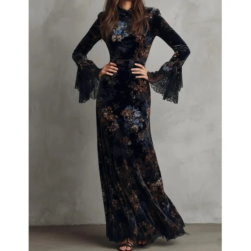 Vintage Damen Blumenmuster Samtkleid Elegantes Halbhochgeschnittenes Langarm-Kleid mit Spitzenbesatz Bodycon-Kleider Mode Lässige Vestidos