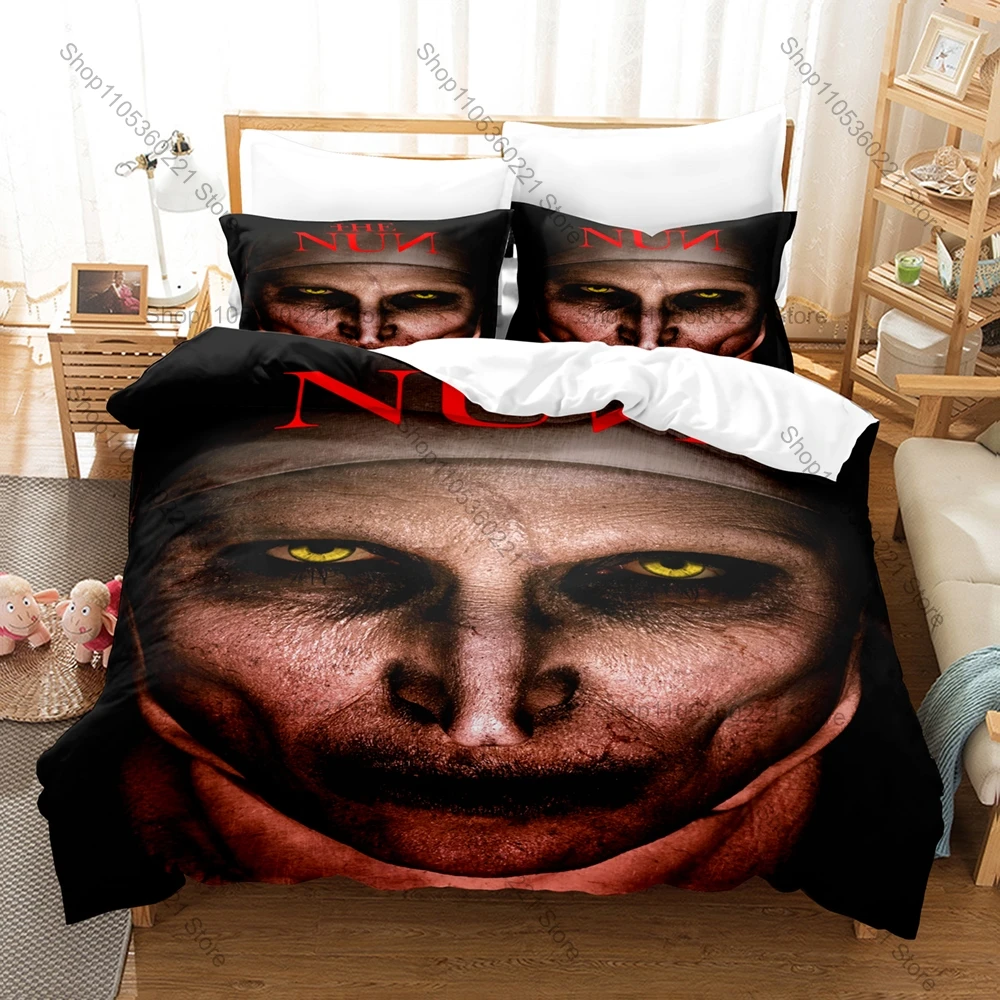 Classic Demon Nun Art Printed Bedding Kit 3PCS Duvet Cover & 2 Pillow Covers Breathable Soft Linens Horror Fan Bedroom Ornament