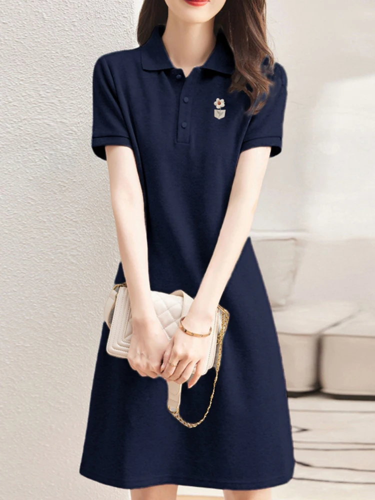 Blue Pure Cotton Collar ort Sve Midi Dr Button Casual Skirt A-Line Summer Faion Women's Clothing Dres