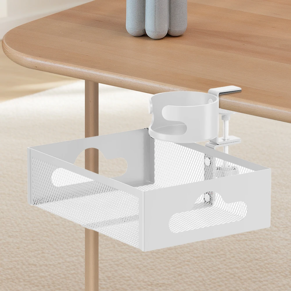 Under Desk Cable Management with Cup Holder Steel Cable Tray Under Desk Organizers No Drill 360° Hidden Storage Box for Office