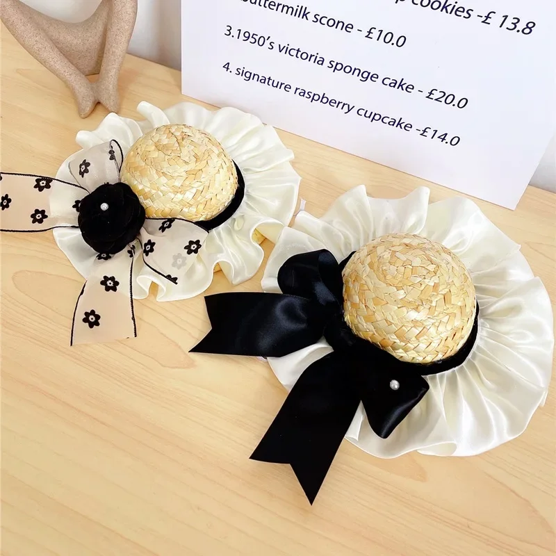 Ins New Pet Cat Dog Camellia Straw Hat Dog Bow Hat Luxury Design Fashion Photo Props Pet Accessories Dog Hats