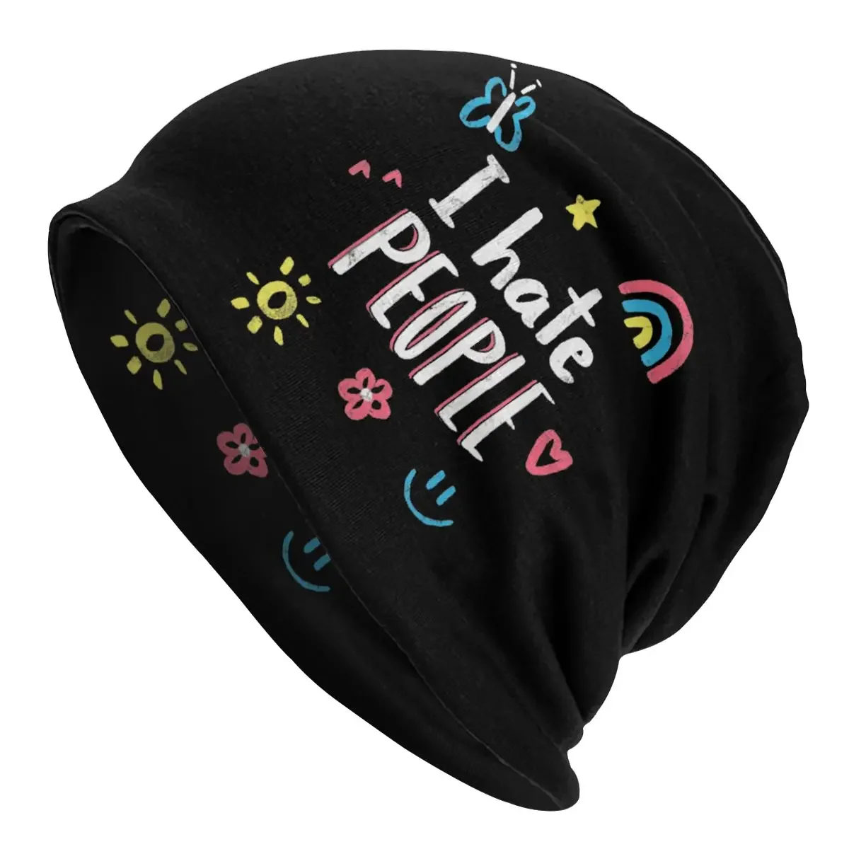 I Hate People Bonnet Hat Knitted Hat Goth Street Skullies Beanies Hats Smile Rainbow Flower Unisex Warm Dual-use Caps