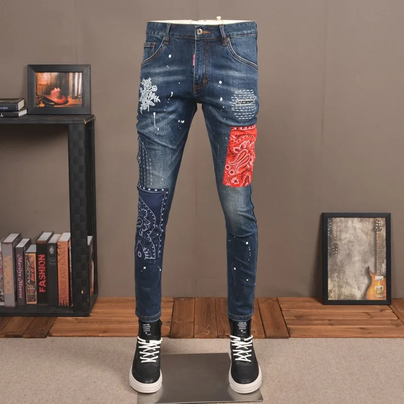 

Autumn Men Jeans Fashion Embroidery Dots Printed Pants Streetwear Casual Blue Patches Slim Fit Denim Trousers