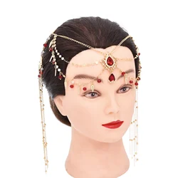 Fashion Red Acrylic Crystal Bead Long  Alloy Chain Tassel Flower Pattern Hairband for Women Party Dance Jewelry Accessories