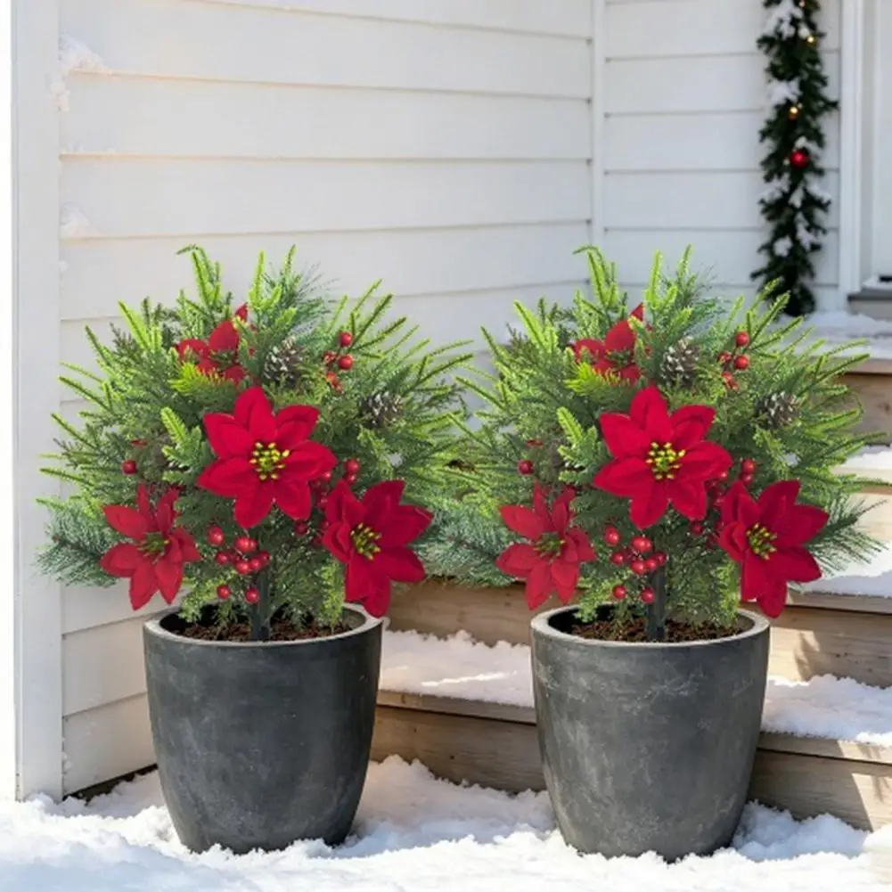 Front Porch Holiday Decor Artificial Poinsettia Flower Yard Stake Christmas Floral Ground Spike Outdoor Weather-resistant