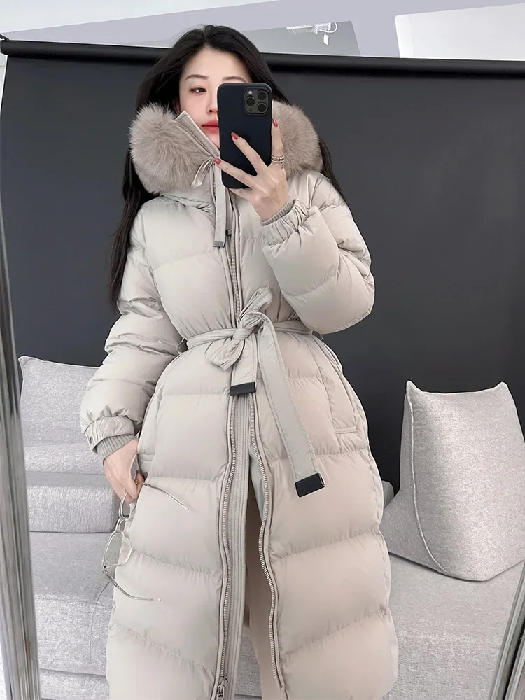 

New Natural Fox Fur Collar White Duck Down Coat Women Long Thick Lace-up Double Zippers Hooded Puffer Jacket Tide Autumn Winter