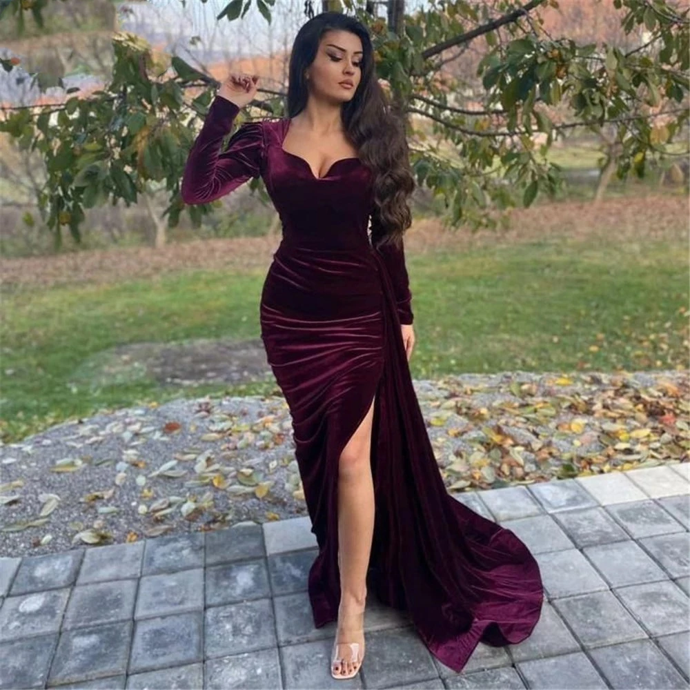 

Sexy Velvet Mermaid Prom Dresses High Slit Evening Gowns Burgundy Party Dress with Long Sleeves for Weddings 2024