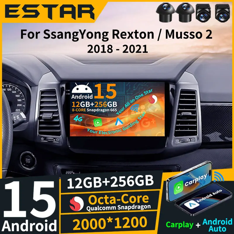 Carplay Inalámbrico Android 15 para SsangYong Rexton Y450 Y400 Musso 2 2018-2021, Radio para Auto con Pantalla QLED, GPS, RDS, Estéreo, Cámara 360, WIFI, DSP