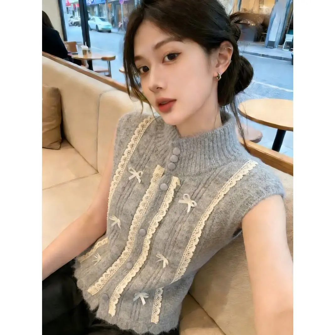 Gray Knit Sleeveless Vest with Lace Trim and Bow Details for Women Spring Autumn Casual Wear