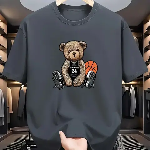Men's Summer 100% Pure Cotton T-shirt Fashionable Casual Loose Leisure Bear Printed Sports Round Neck Short Sleeved T-shirt