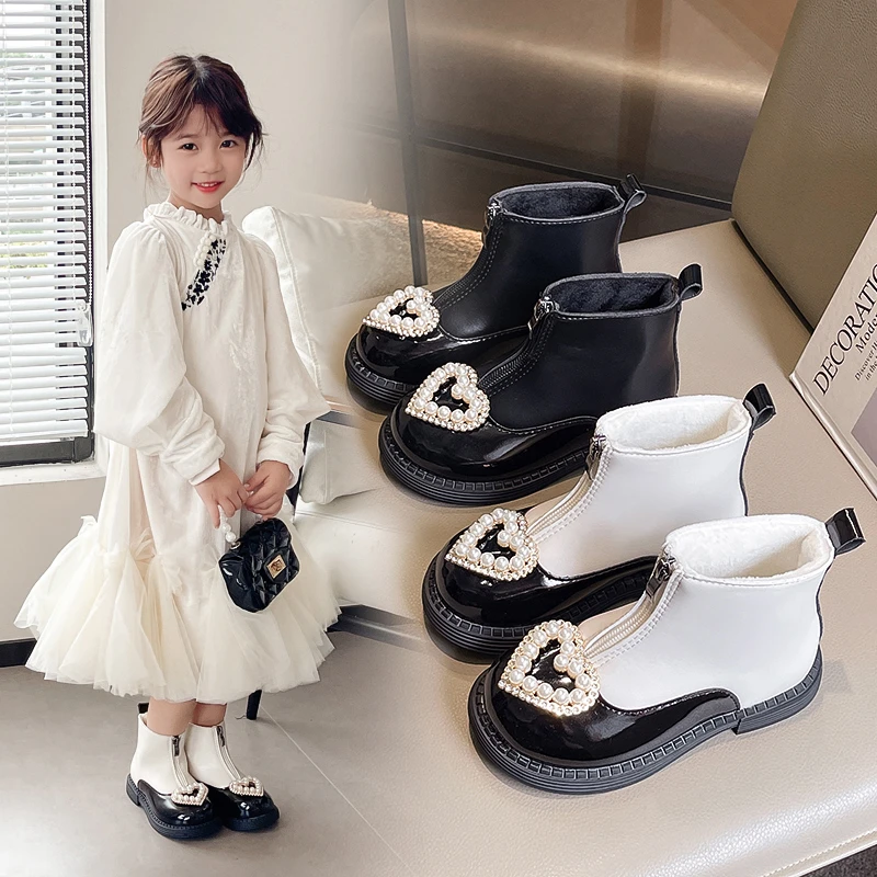 

Кожаные ботинки для девочек, осенне-зимние модные ботильоны принцессы «Челси», детская обувь с жемчугом, брендовая теплая мягкая подошва