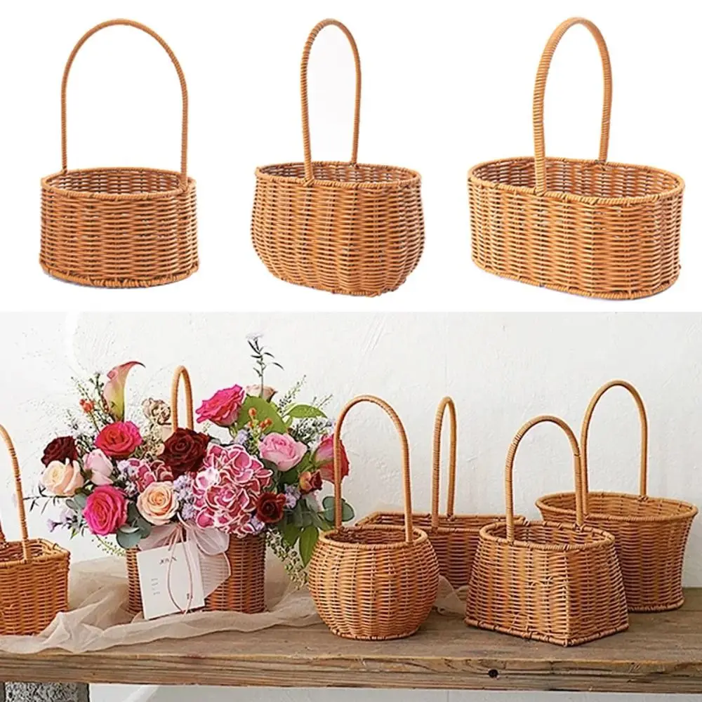 Willow Rattan Bride Flower Basket Hand-Woven Picnic Container Flower Arrangement Basket with Handle Sundries Organizer Wedding view 2