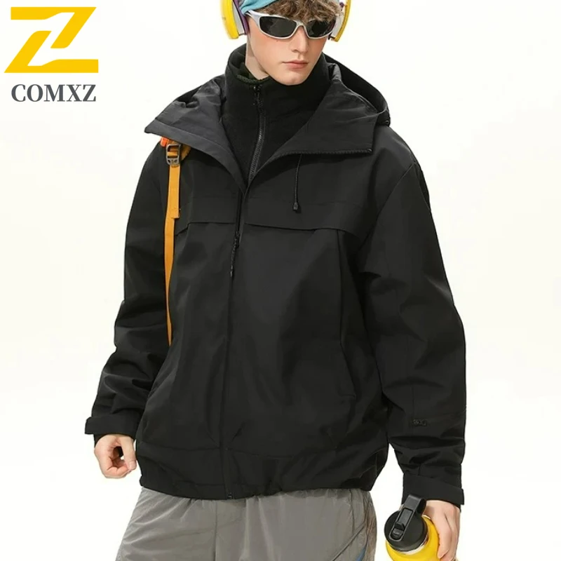 معطف رجالي كبير الحجم من COMXZ مبطن بالصوف دافئ مقاوم للماء مع قلنسوة للتخييم والعمل سترة لراكبي الدراجات النارية ملابس خارجية مريحة مضادة للرياح للتزلج #1