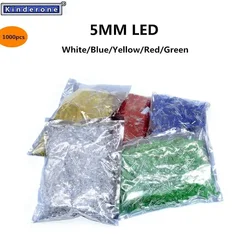 5mm diodo led redondo, kit sortido, branco, verde, vermelho, azul, amarelo, diy, 1000pcs, f5