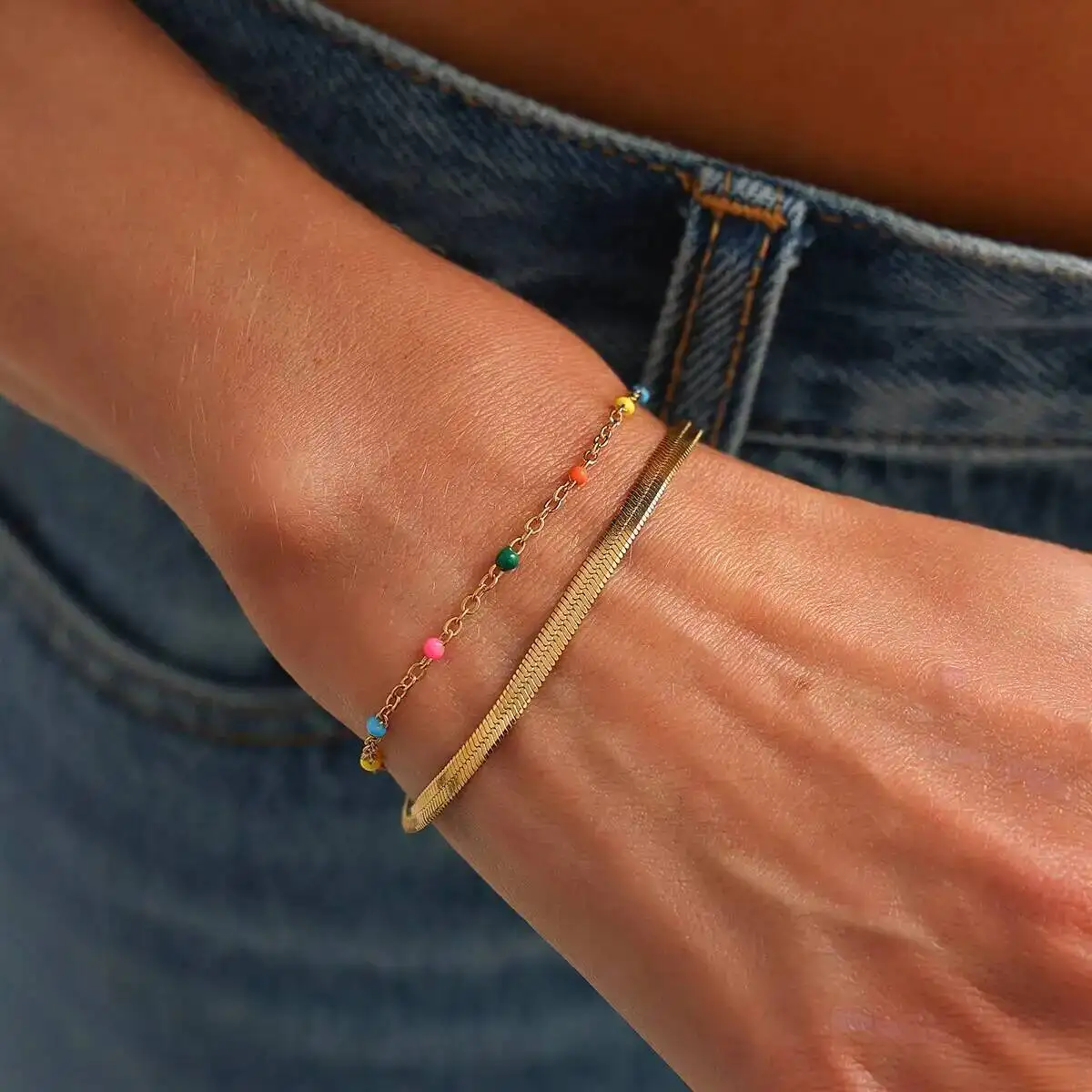 IngeSight.Z 2026 Boho Gold Color Stainless Steel Snake Chain Bracelet Trendy Stackable Colorful Beaded Bangle Waterproof Jewelry