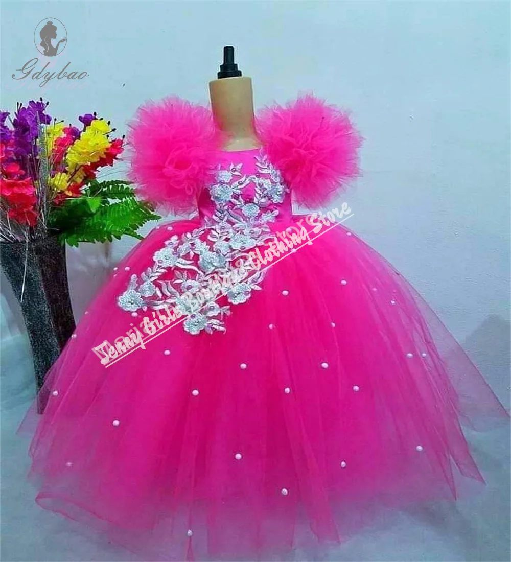 Girls Festive Fluffy Flower Girl Dress White Lace Appliqué First Communion Prom Party Custom Party Formal Wear Event Gown